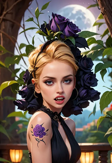 Generate a hyper-realistic image that employs the shallow depth of field technique, Head and sholders portrait to highlight a pretty goth (((vampire))) girl, ((open mouth with vampire canine teeth)) , wearing a gothic dress, ((cut hair with fringe)), tatto...