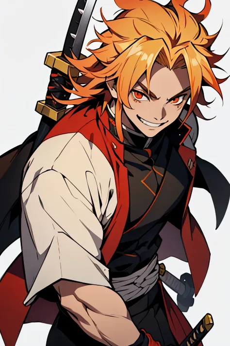 white young man, blonde hair with red highlights, orange eyes, rengoku eyebrows, smile, demon slayer uniform, katana, pride smil...