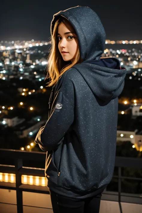 Starry Sky、Night view、City、air blowing in the wind、Wearing a hoodie、back、Full body portrait、Overlooking the city from top a hill, winter, condensing breath.