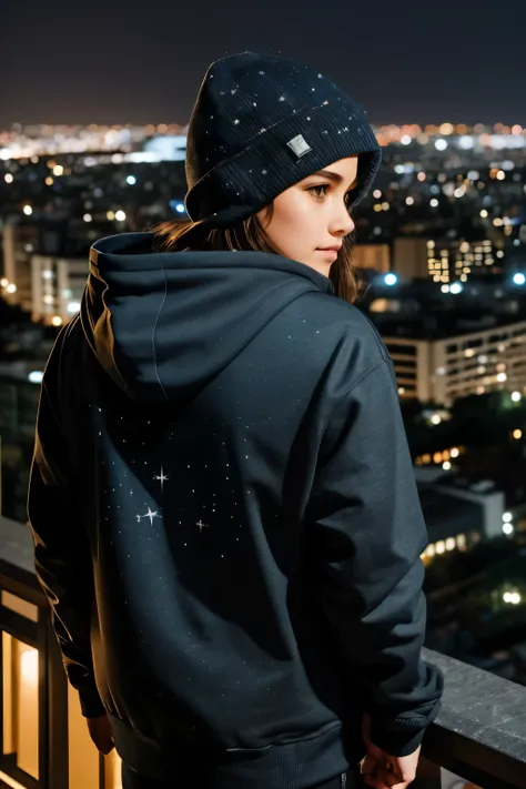 Starry Sky、Night view、City、air blowing in the wind、Wearing a hoodie、back、Full body portrait、Overlooking the city from top a hill, winter, condensing breath.