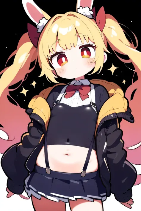 1girl, ,little_girl,ruby, blonde hair, twintails, bangs, red eyes, very long hair, crystal bunny ears, futuristic rabbit ears, wide sleeves, short jacket, open jacket, suspenders, futuristic outfit, bubbles, a space background in the background, 1girl, sol...