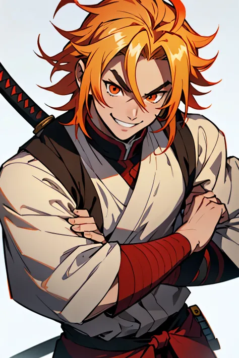 white young man, blonde hair with red highlights, orange eyes, rengoku eyebrows, smile, demon slayer uniform, katana, pride smile, medium hair, messy hair