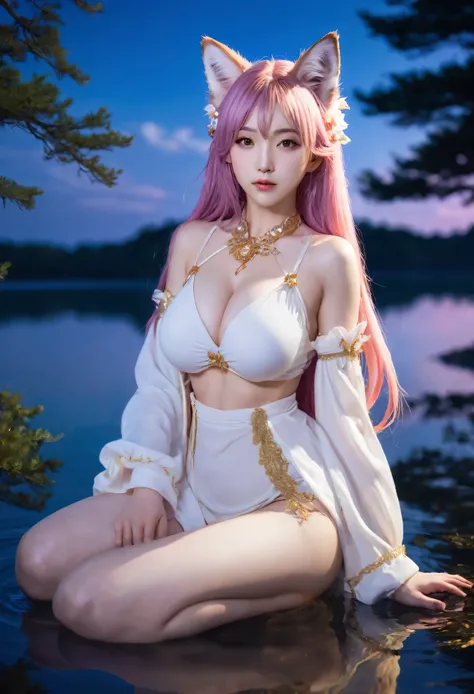 covered_pussy,Top of the line CG, highest image quality, masterpiece,8k image quality,  exquisite and delicate beautiful girl, ,Yae Miko,Yae Miko(genshin impact), long pink hair, fox ears , purple eyes, a large gold ornament, large breasts, barefoot,,besid...