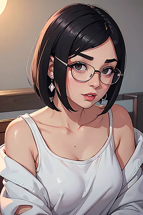 Amazing portrait of a cute and sexy woman with her black hair in a short bob hairstyle, cute but seductive eyes, perfect pink lips parted wearing glasses, long earrings, a loose oversized white t shirt falling off her shoulder emphasizing her bare shoulder...