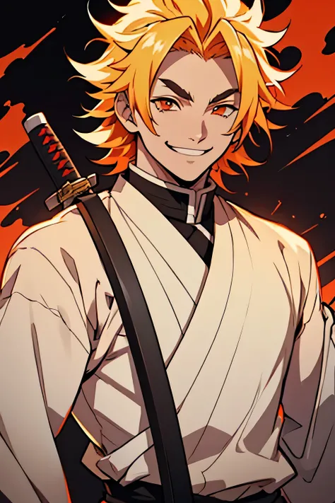 white young man, blonde hair with red highlights, orange eyes, rengoku eyebrows, smile, demon slayer uniform, katana, pride smile, medium hair, messy hair