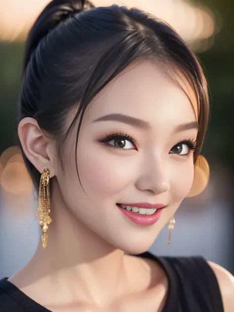 Highest quality, 超High resolution, (Realistic:1.4),Sunset Light, Sticking out ears、Short ponytail, One Japanese woman, hoop earrings, big smile, Detailed Photos, smile, sexy, Black T-shirt, To the camera, masterpiece, 8k, Realistic, Highest quality, Beauti...