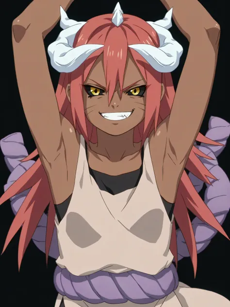 score_9, score_8_up, score_7_up, source_anime, tayuya, red hair, long hair, yellow eyes, white horns, dark skin, tan tunic, purp...