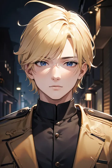 masterpiece, best quality, 1man, blonde hair, black eyes, police uniform, miltary uniform, short hair, anime, dark alley, sad, detailed eyes, detailed facial features, realistic and high resolution (best quality, 4k, 8k, highres, masterpiece:1.2)