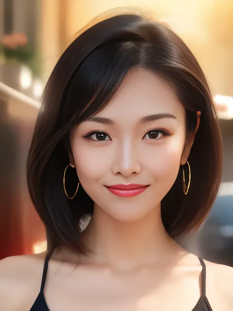 Highest quality, 超High resolution, Realistic photos, Sunset Light, Sticking out ears、Black Hair, Short ponytail, One Japanese woman, hoop earrings, big smile, Detailed Photos, smile, sexy, Black T-shirt, To the camera, masterpiece, 8k, Realistic, Highest q...