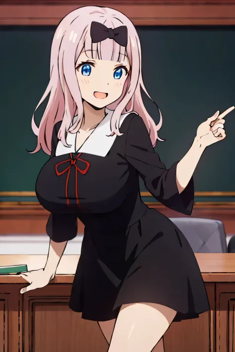 best quality, (masterpiece:1.2), detailed,
fujiwara chika (kaguya-sama),
1girl, solo, open mouth, smile,
pink hair, blue eyes, long hair,
, black dress, hair bow, black bow, red ribbon,
standing,, looking at the viewer, classroom
Full sleeves
, Prompt: (hu...