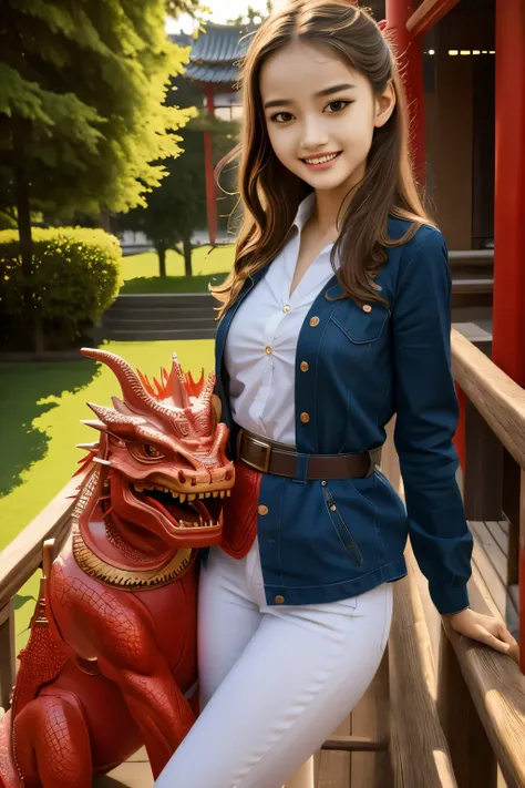 1girl, masterpiece, best quality, making friends with the chinese dragon, fun, happy, bright, loong,