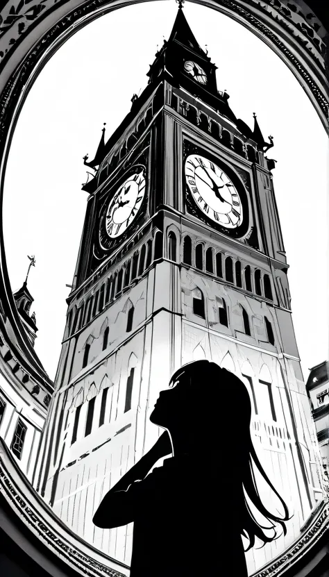 ((Monochrome artwork))、((Paper cutting style)),High contrast、(8k, Highest quality)、Ultra-high resolution、adorable、Highest quality, beautiful, Absurd beauty、masterpiece、Best image quality、(Silhouette),Clock Tower and Girl Theme、European Landscape、Clock Towe...