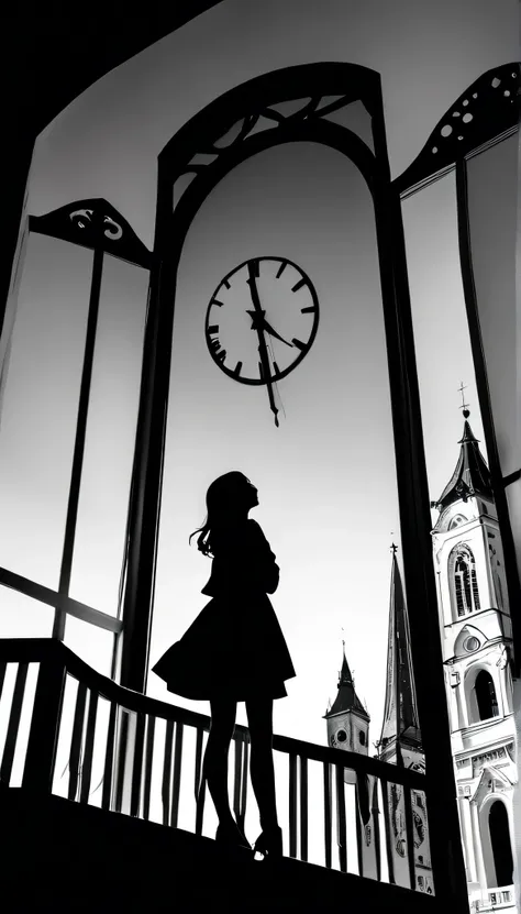 ((Monochrome artwork))、((Paper cutting style)),High contrast、(8k, Highest quality)、Ultra-high resolution、adorable、Highest quality, beautiful, Absurd beauty、masterpiece、Best image quality、(Silhouette),Clock Tower and Girl Theme、European Landscape、Clock Towe...