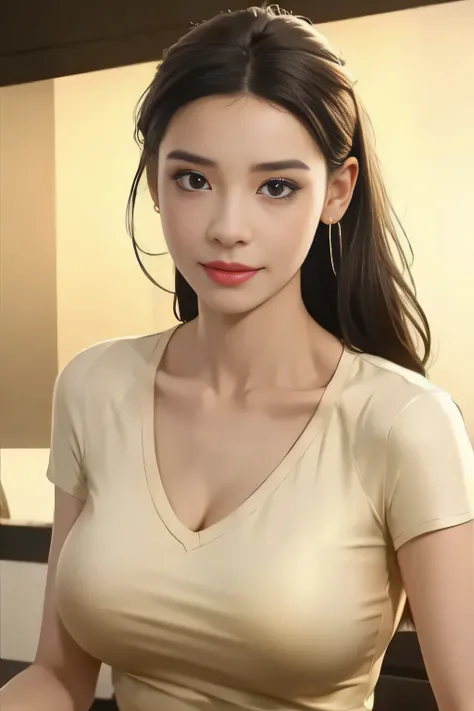 light brown hair, short ponytail, widows peak, hoop earrings, grin, hair slicked back, depth of field, uhd, anatomically correct, textured skin, best quality, 8k, head shot、One Japanese woman、35 year old housewife、Perfect Makeup、Thin lips、Lip gloss、White V...