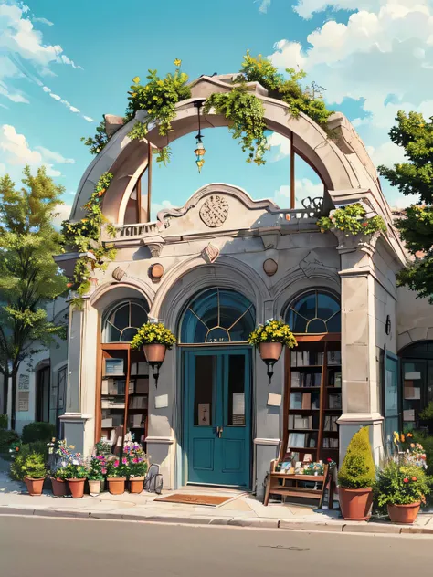 ((((masterpiece, best quality, high resolution)))), extremely detailed 8k, high detail, seaside shop built into a stone archway,...