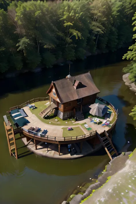 "aerial photo of a wooden fort in a forest. the fort measures 4m x 5m and is located 10 meters from the edge of an upstream rive...