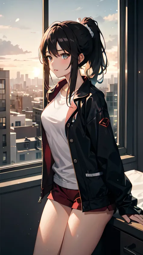 One girl, In pajamas,ponytail , Depth of written boundary, dawn, Particles of light, light, Side light, Thighs, Open jacket, Window,Streetscape,Sunrise outside the window