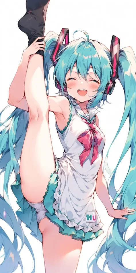 hatsune miku,View your viewers,blush,Standing Split, Standing on one leg,smile, Mouth closed, Full body image