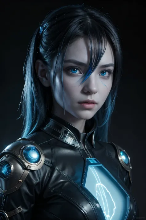 arcturian alien with  blue skin and human aspect, photorealistic hyperealistic, steampunk style, light neon sutra behind her