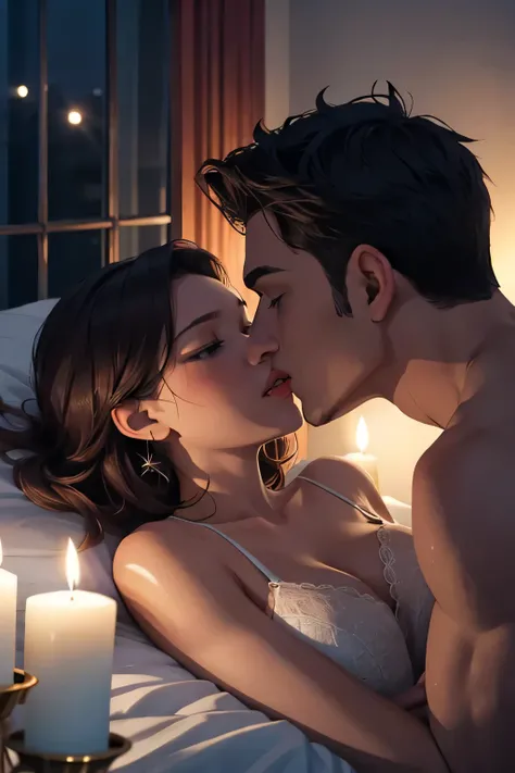 Boy and woman, beautiful woman, kissing each other with passion, in a bedroom, bright room, candles lit, night time,