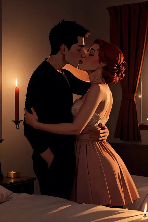 Boy and woman, beautiful woman, kissing each other with passion, in a bedroom, bright room, candles lit, night time,