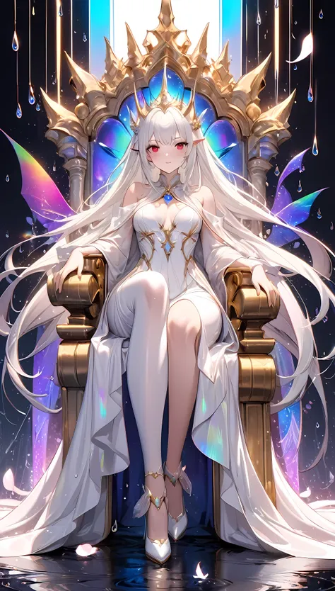 seamless image fusion, best quality, super fine, 16k, incredibly absurdres, extremely detailed, delicate and dynamic, beautiful and adorable white demon queen, silky straight white hair, captivating look, aroused expression, wearing iridescent pure white l...