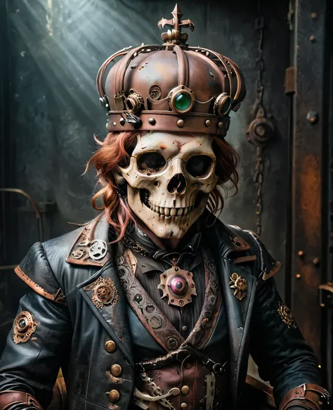 (realisttic:1.2), analog photo style, (steampunk king of deads, full body shot, ultra detailed skull face, rusty metal crown, de...