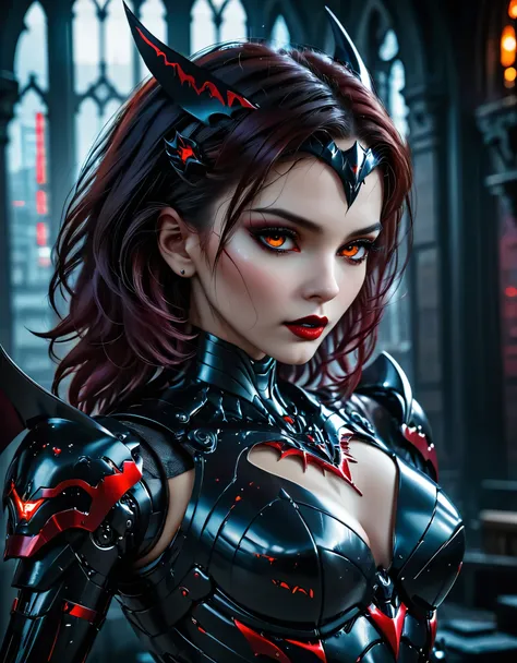 a portrait of mecha female vampire in a dark gothic cyberpunk church, an exotic exquisite beautiful mecha female vampire, dynamic hair color, short hair, dynamic eyes color, intense eyes,  glowing eyes, dynamic eyes color, wearing intricate mech armor, del...