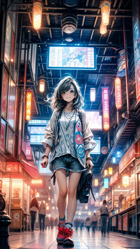 ((High resolution)), ((Lighting and color)), ((masterpiece)), ((Brown eyes)), A young woman with dark eyes., wavy brown hair, left loose and slightly disheveled by the breeze, confidently stands on a bustling urban street. He is wearing a loose white cotto...