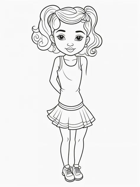 simple coloring page for a 5 year old girl of a cute tiny pin up girl, cartoon black and white
