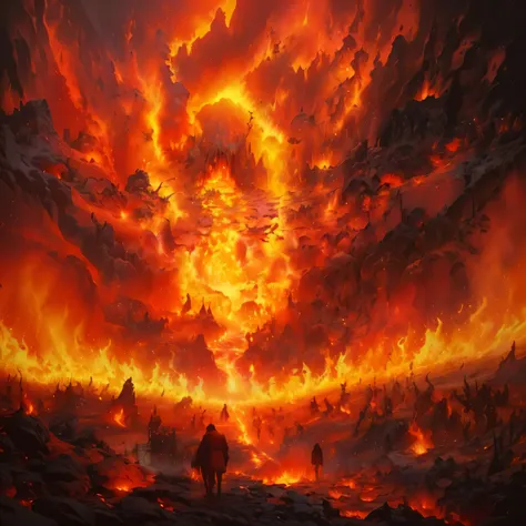 there are people walking through a lava cave with fire, hell scene, hyperrealistic hell, background of hell, Beksinski e Mumford, the final battle in hell, paisagem infernal lovecraftiana, detailed 4k horror art, walking through hell, in hell, the gate to ...