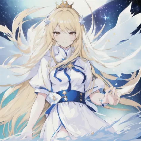 anime woman with long blonde hair and a white dress standing in the middle of a sea of stars, anime splash, anime goddess, visua...