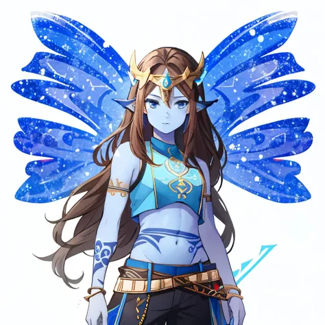 female, ((blue skin)), (rune tattoos), brown hair, blue wings, blue crop top, black pants, blue eyes, ear fins, circlet,