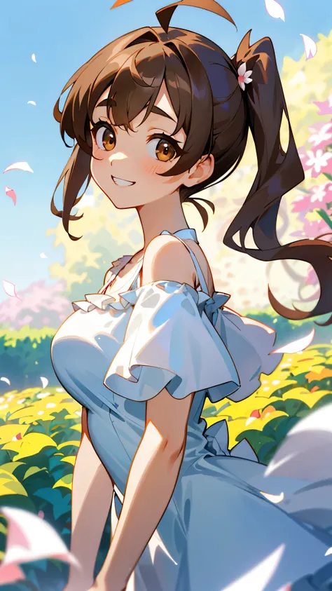 １girl、big eyes、dark brown eyes、light brown hair、side ponytail、big breasts、ahoge、plain white off-the-shoulder dress、short sleeve、...