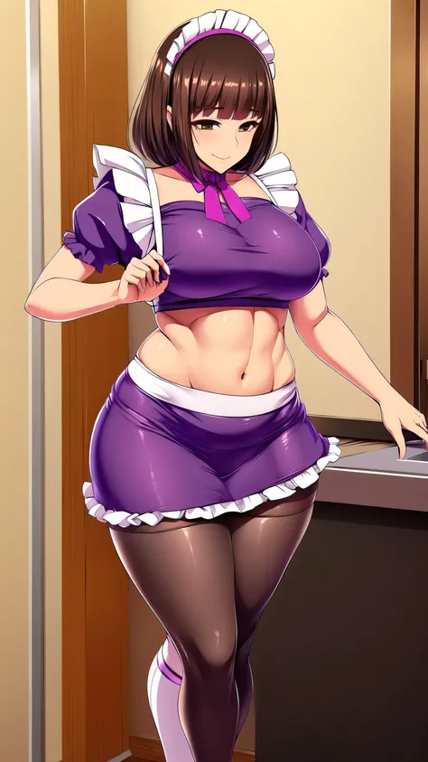 An older woman mature beautiful beautiful sexy cute attractive big dark brown hair messy cut her light yellow eye big eyelashes dressed purple maid top shows her navel and dresses purple maid skirt metallic long white heel