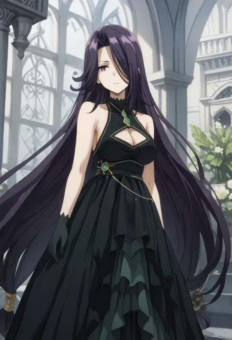 aurora, long hair, purple hair, very long hair, purple eyes, hair over one eye,gloves, dress, cleavage, bare shoulders, sleevele...