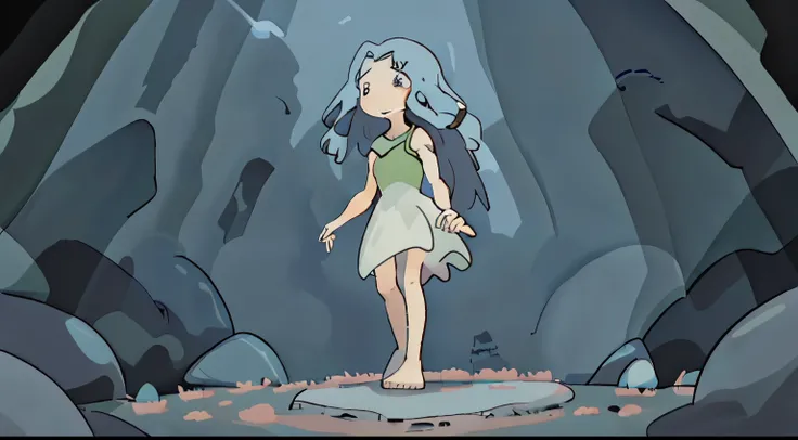 a , wearing a white dress, sleeveless dress,  in a cave, dark cave,  with an arrow in her chest, arrow in the little girls chest