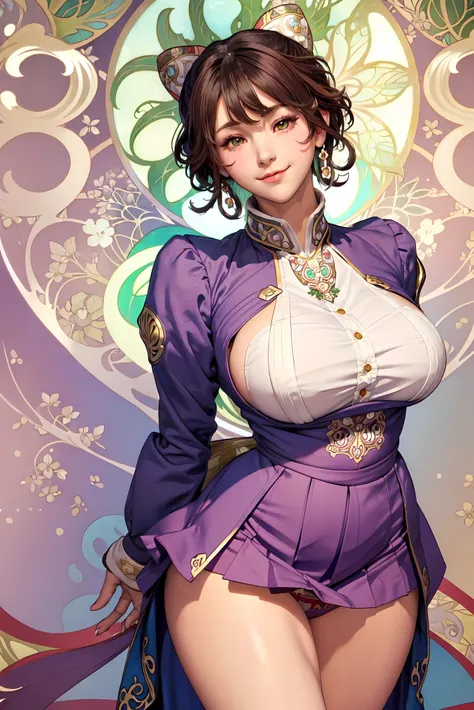 ((((Mucha style)))),(Vulgar),((JK girl)), open leg stand, (from thigh up),Too big,Pompadour,(Put your arms behind your back:1.2),((Sex addiction))((highschool uniform)), ((highschool skirt)) on (少し見えている panties), Half of it sticks out from the clothes,(Hig...