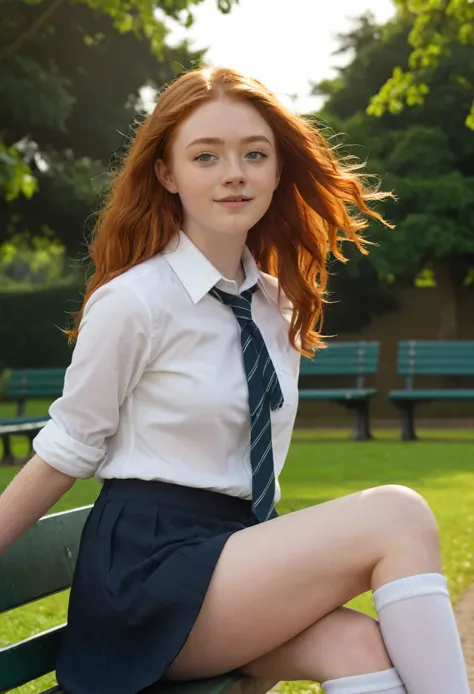 There is a woman sitting on a bench in a park, a hyperRealistic schoolgirl, hyperRealistic schoolgirl, Realistic schoolgirl, cute , dressed as a , sadie sink, school girl, redhead girl, of a pose, she is redhead, dressed in white shirt, redhead woman, amar...