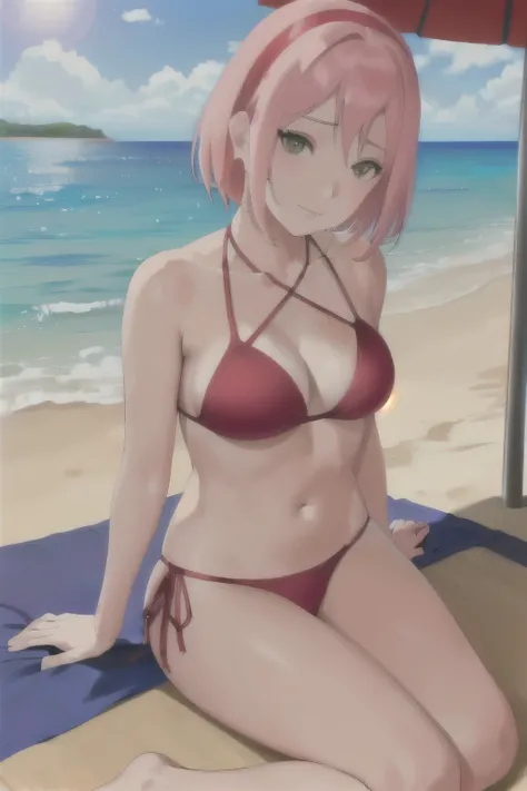 haruno sakura, tie side bikini, medium chest, Jambes fines, sunny day, debout, beach