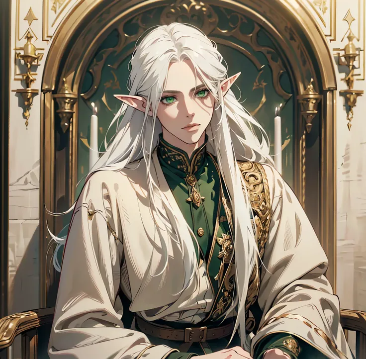 1 man, handsome elf, long white hair, pointed ears, Sharp ￼green eyes, solo, (best quality,4k,8k,highres,masterpiece:1.2),ultra-detailed,(realistic,photorealistic,photo-realistic:1.37),fantasy portrait,dramatic lighting,cinematic,vibrant colors,chiaroscuro...