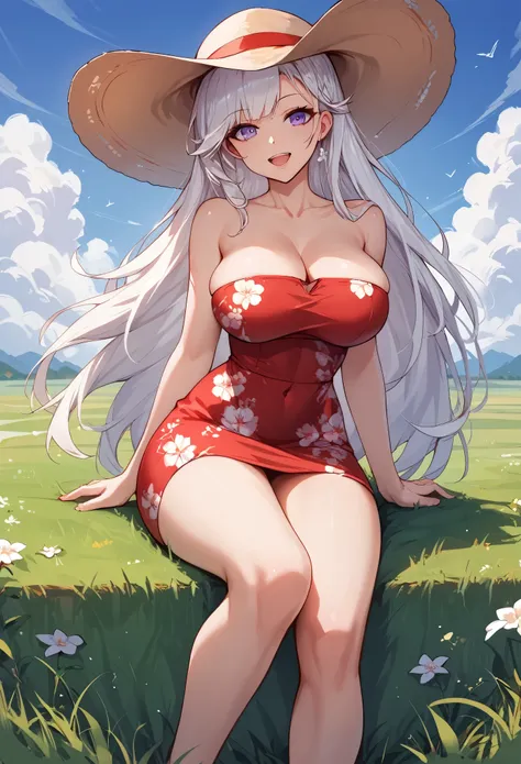 score_9, score_8_up, score_7_up, 1girl, solo, huge_breasts, hourglass figure, Enterprise from Azur Lane, Enterprise_/(Azur Lane)/, white hair, purple eyes, long hair, standing, floral print sundress, red sundress, bare shoulders, strapless, sleeveless, sit...