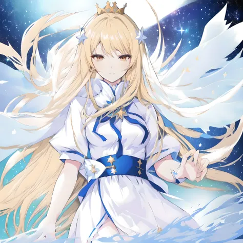 anime woman with long blonde hair and a white dress standing in the middle of a sea of stars, anime splash, anime goddess, visua...