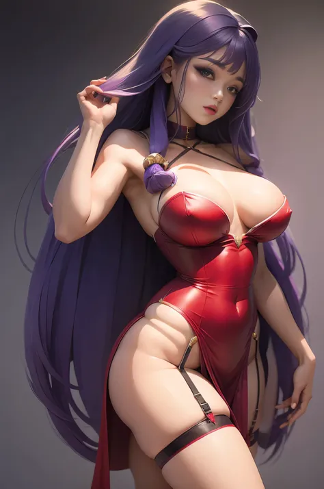 Shampoo beautiful with purple hair from head to toe, big breasts and big hips with garter belts, red dress showing half breasts and half vagina