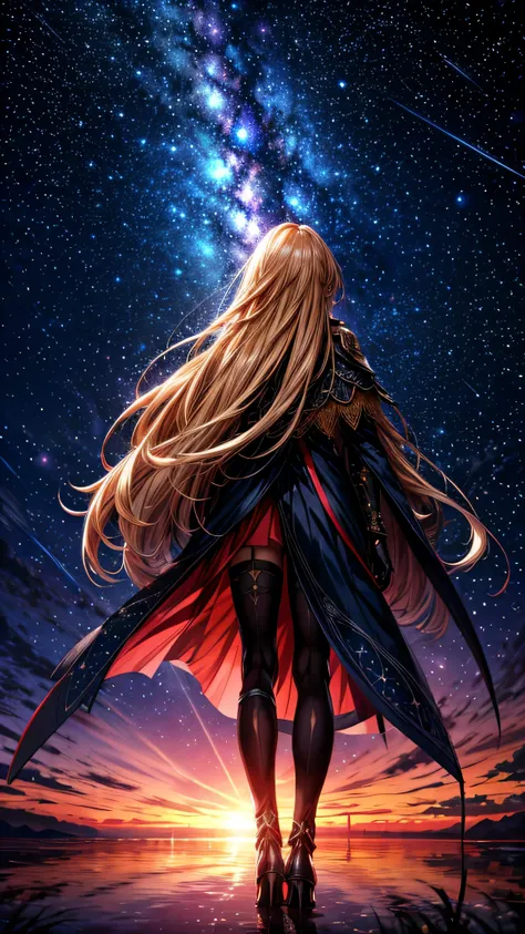 starry sky，１people々,　blonde long hair，long coat，sword，silhouette， rear view，space sky, anime style,masterpiece,best quality,ultr...