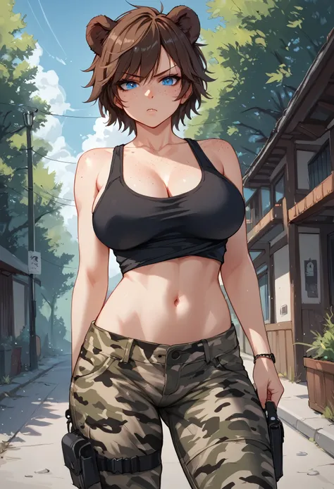 score_9, score_8_up, score_7_up, 1girl, solo, hourglass figure, Big breasts, kemonomimi, bear ears, brown hair, short hair, messy_hair, blue eyes BREAK freckles, black tank top, camouflage pants, navel, standing, outdoors, daytime, glaring, looking at view...