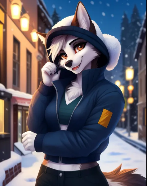 Katya, wolf girl, furry anthro, One, Dark brown eyes, (furry body:1.1), (Best quality), wear a winter jacket and a winter hat,On the street, happy face,  (((posing)))eyes are open,  foreground, on terraces, author: Woolrool (((eyes are open)))