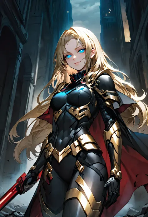 solo, female, huge woman, extremely tall woman, blue eyes, blonde, long hair, black uniform, ((black armor)), black cape, gold t...