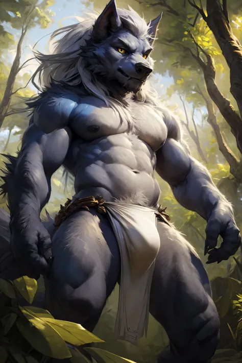 ultra-detailed, masterpiece, masterwork, high quality, best quality, hdr, posted on e621, (by darkgem), (nature), nsfw, male, solo, chibi, (blue little body werewolf), werewolf, (long silver hair, yellow eyes, white body), standing, under view, dynamic ang...