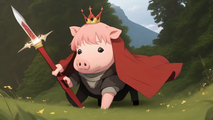 Wearing a crown　Wearing a red cloak　Pink Hair　Holding an iron sword　Standing on a mountain　overgrown with grass　The face is that of a pig.